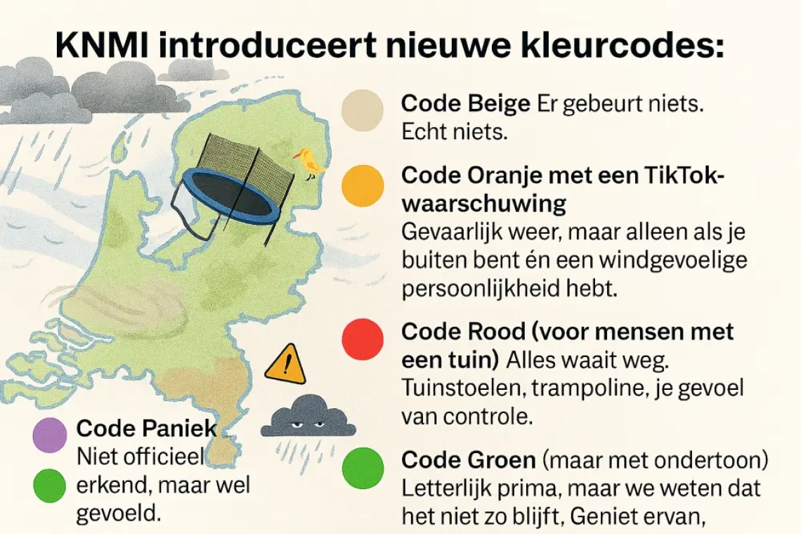 Satirische weerkaart van Nederland met nieuwe KNMI-kleurcodes en een trampoline die door de lucht vliegt boven een woonwijk, omgeven door stormwolken